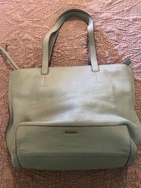 Aqua Blue Green Pebbled Leather Fossil Tote Satchel Bag Inside Ziipper